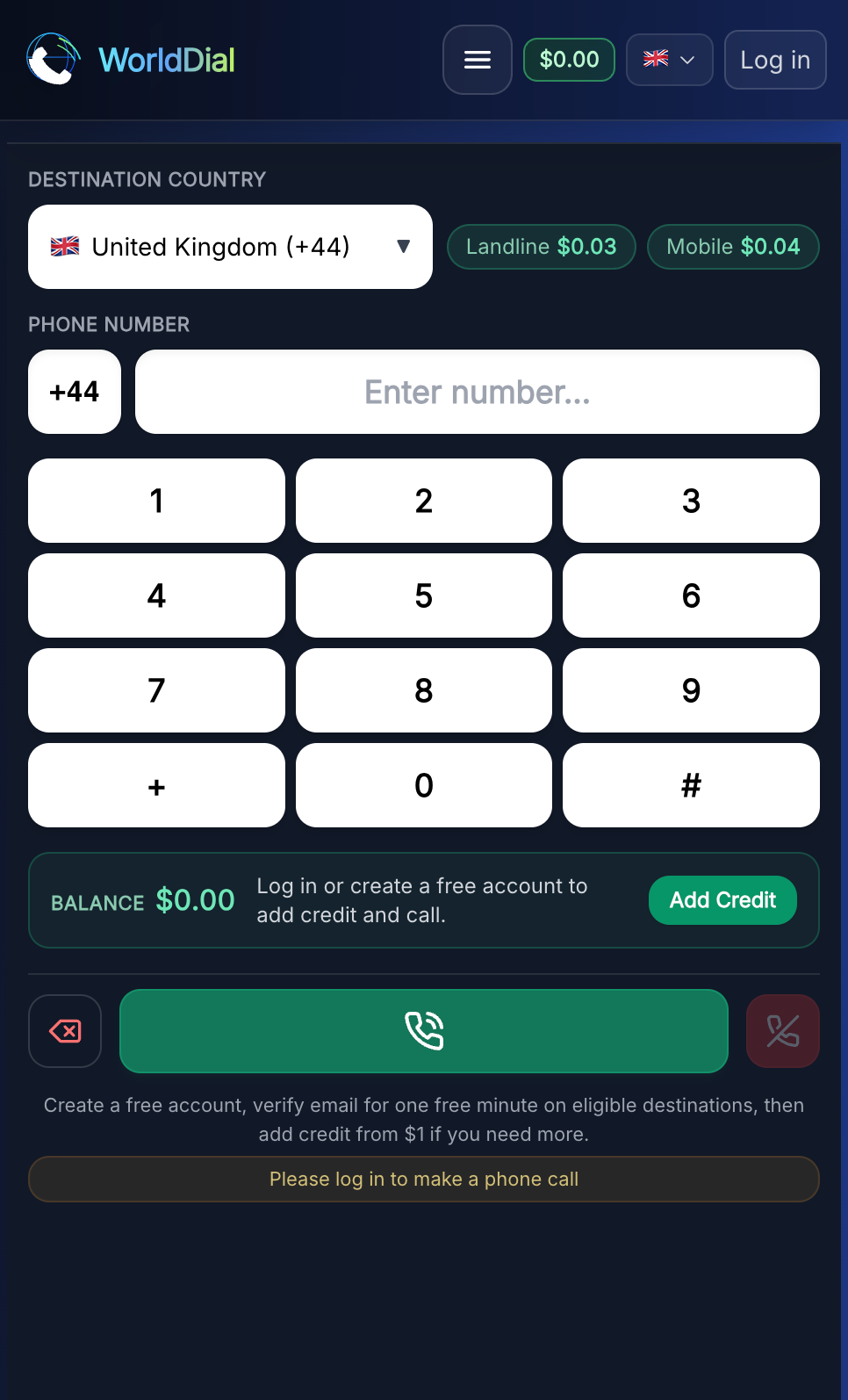 WorldDial in-browser dialer with keypad and UK rates