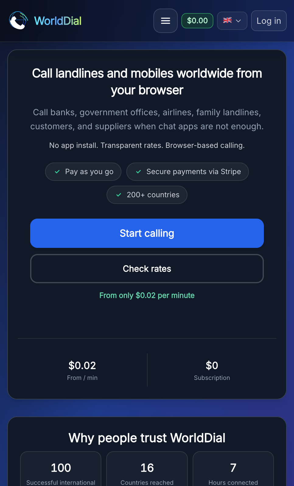 WorldDial homepage with Start calling and Check rates buttons