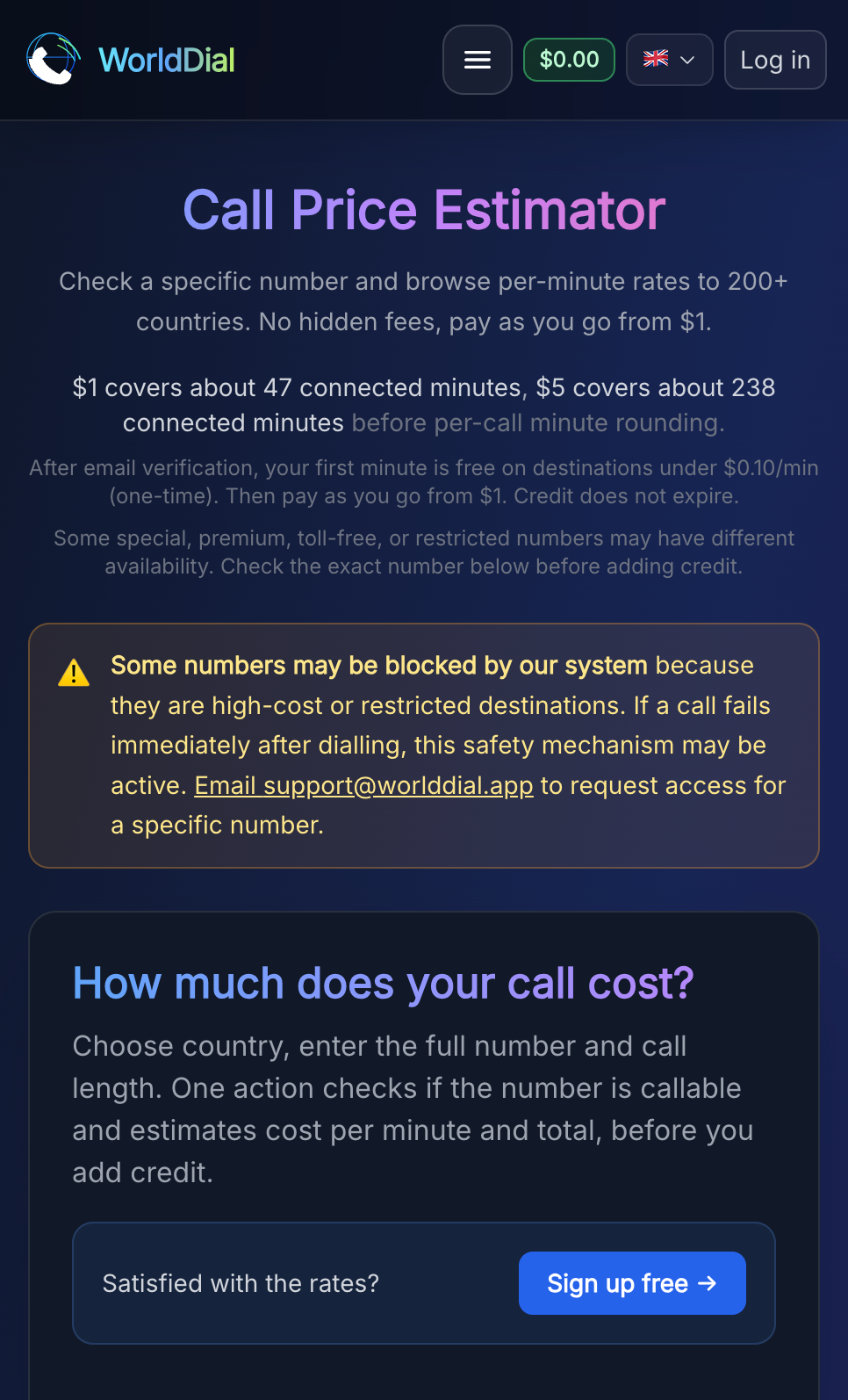 WorldDial call price estimator on the rates page